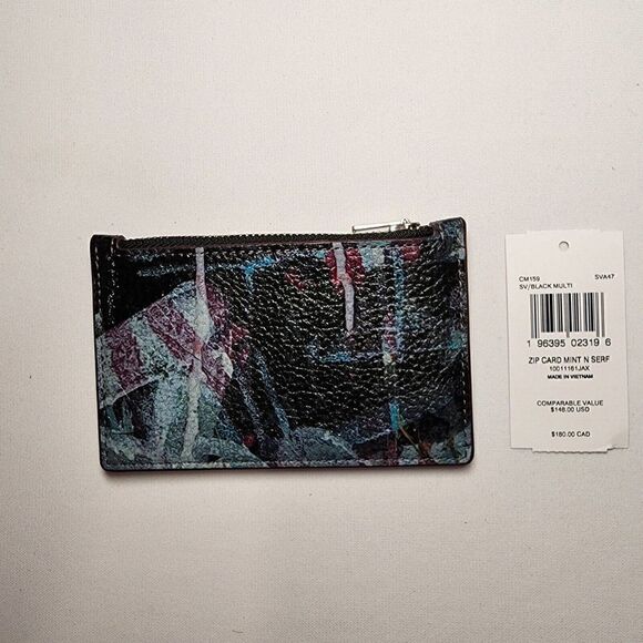 NWT Coach CM159 X Mint + Serf Zip Card Case Graffiti in Sv/Black Pebble … - Picture 1 of 3